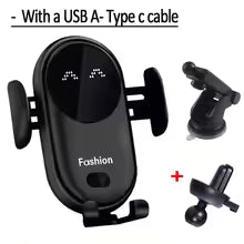 Black car phone holder with USB cable attachment on a white background